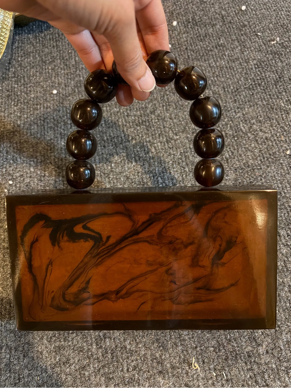 Retro Marbled Brown Lucite Beaded Handle Clutch